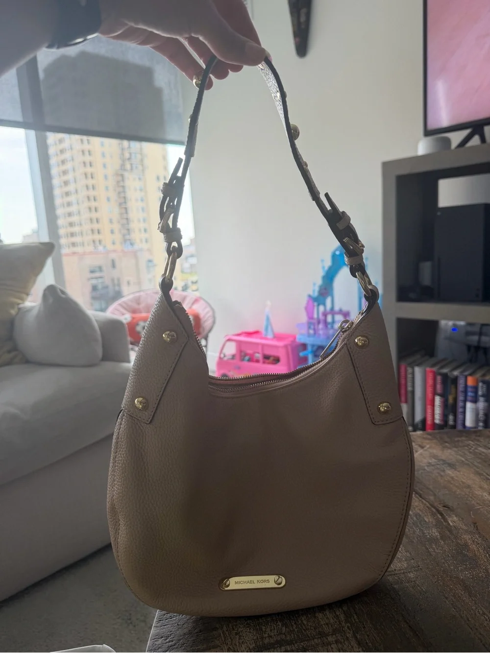 Michael Kors Cream Pebbled Leather Hobo Shoulder Bag with Gold-Tone Hardware